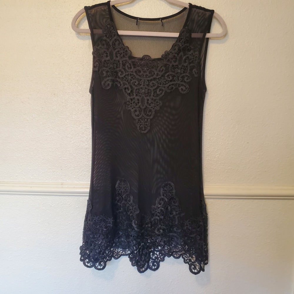 G Collection Black Sheer Mesh Lace Trim Sleeveless Tank Top Tunic XL Boho Goth